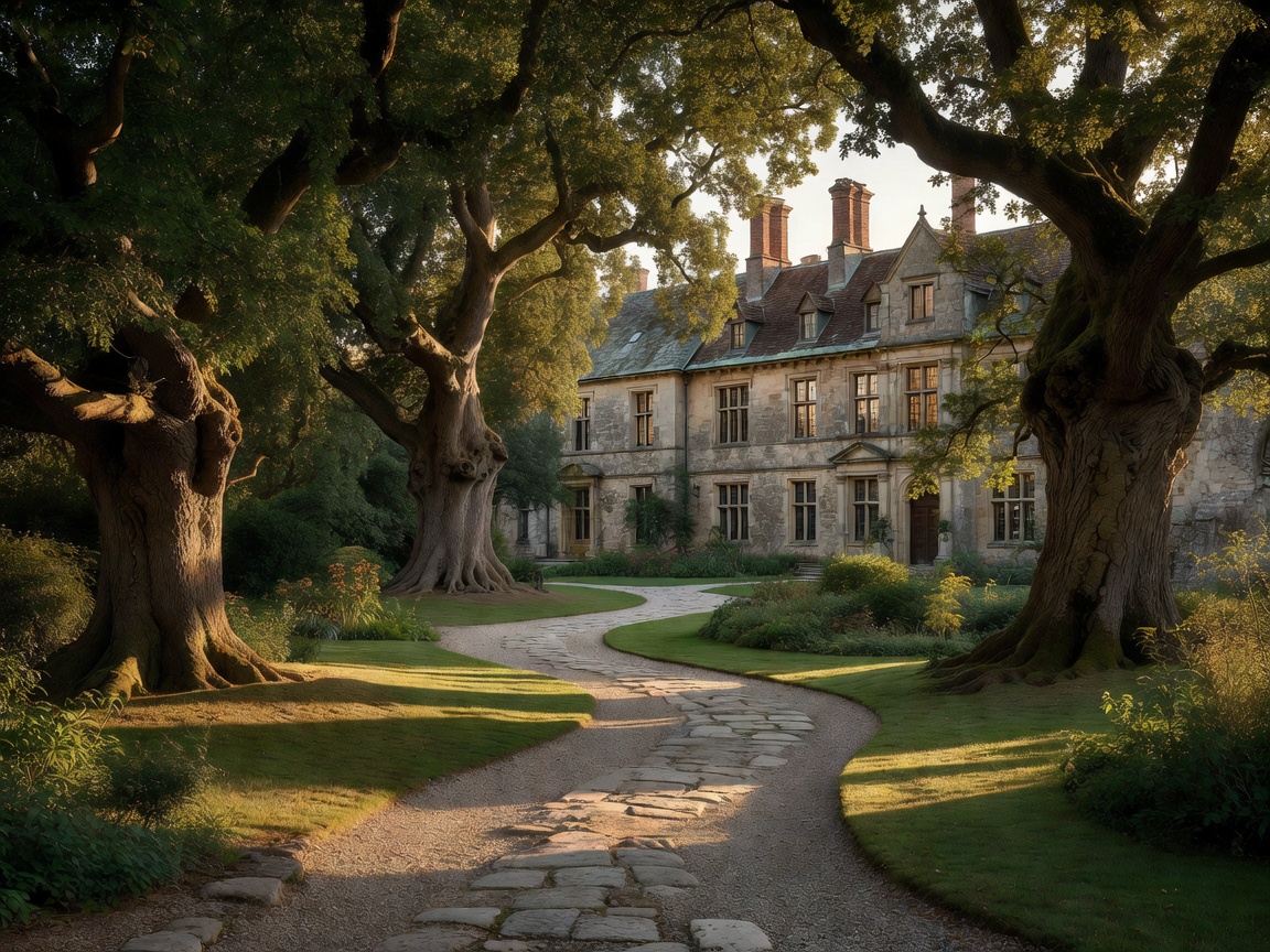 Garden walk and historic estate architecture framed by mature trees