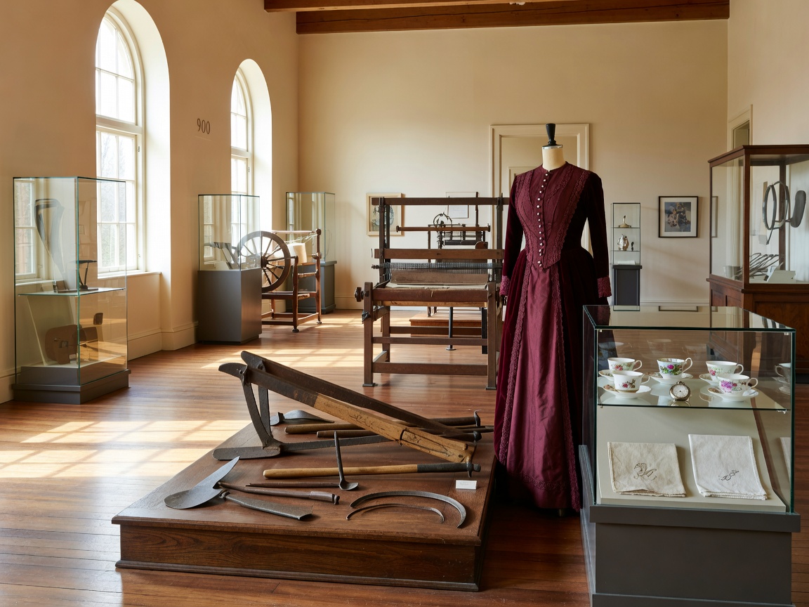 Historic displays arranged in a bright heritage museum gallery