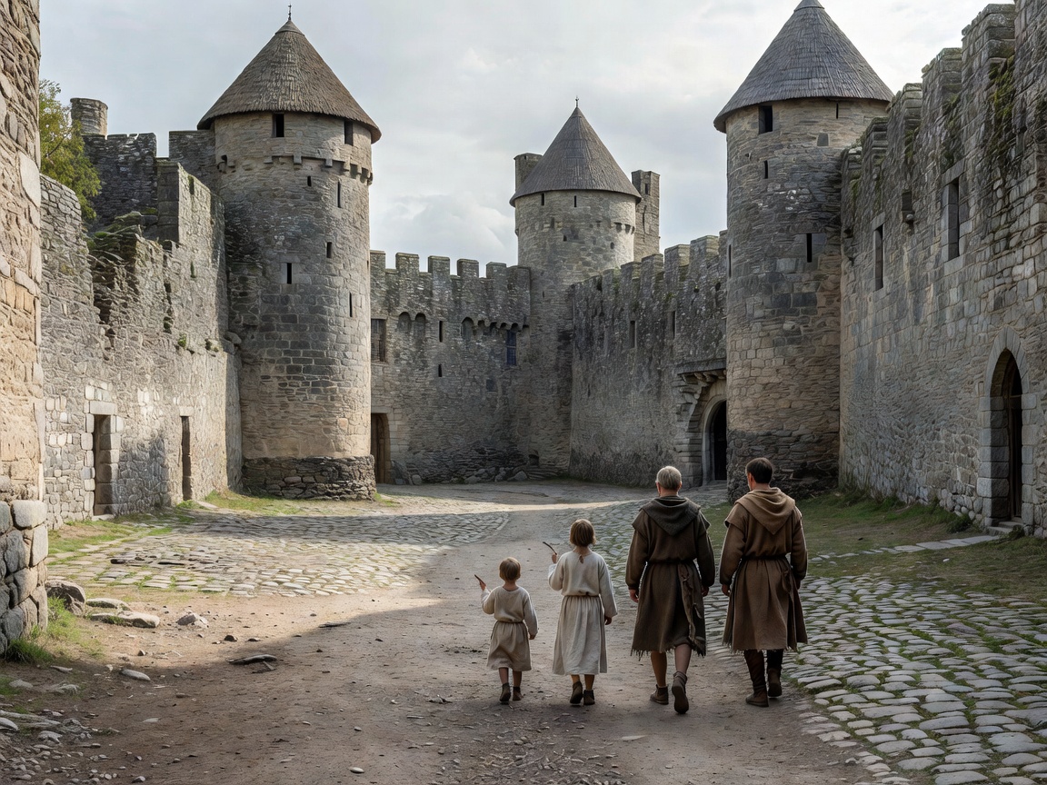 Historic castle walls and courtyard viewed along a family walking route
