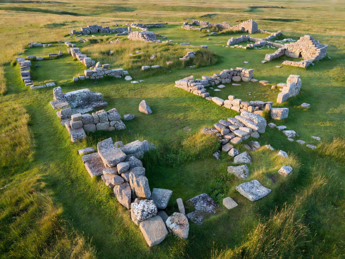 Archaeological stone foundations across a broad grassy outdoor site